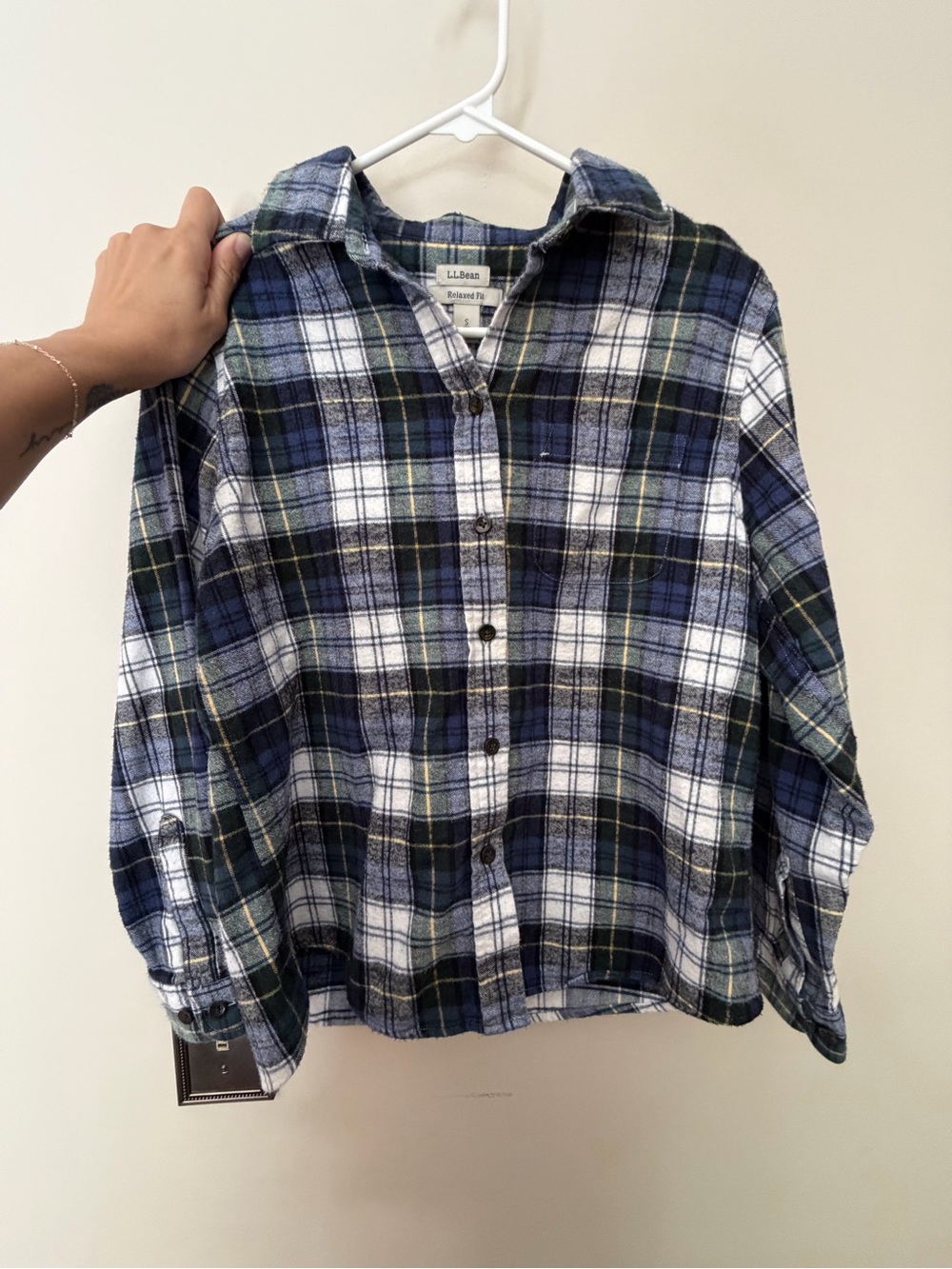 L.L. Bean Navy, White & Green Plaid Button-Down Kids Shirt